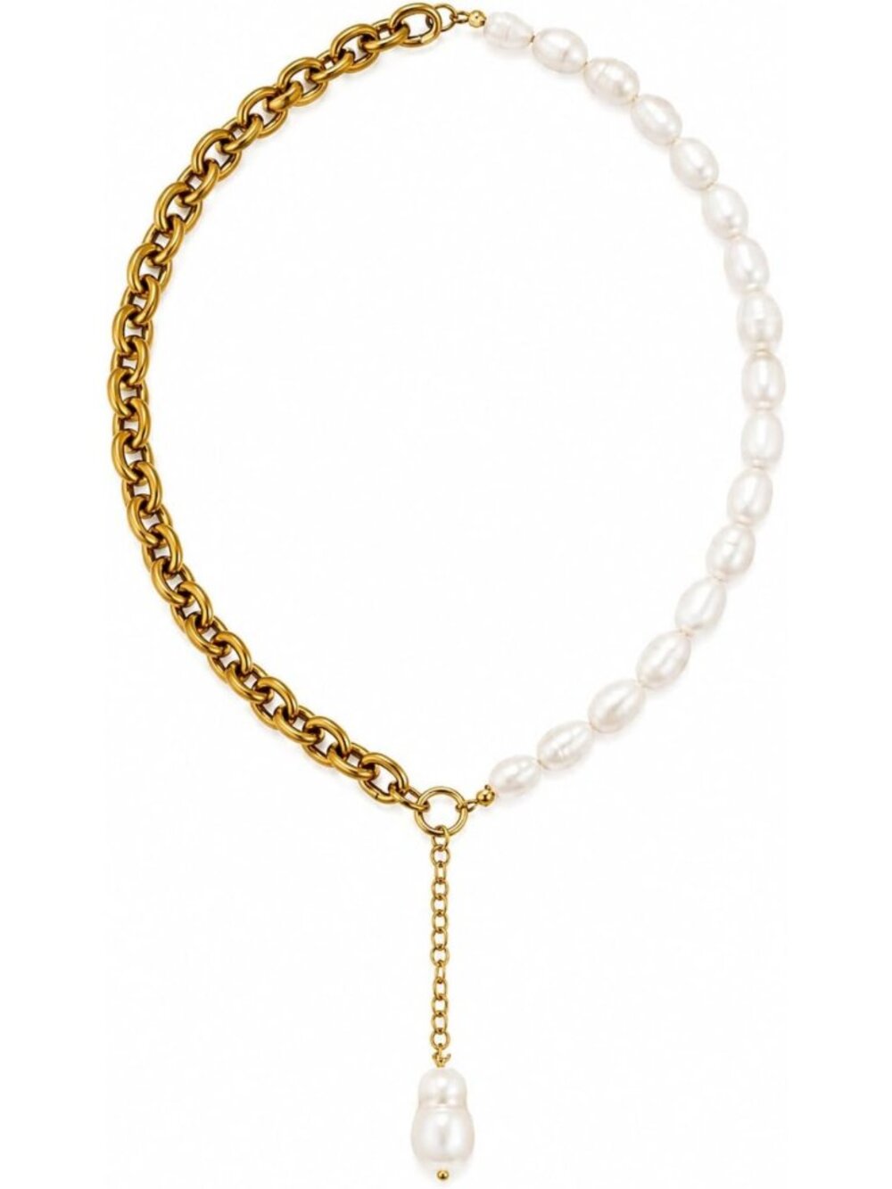 Elegant Half Pearl & Chain Necklace for Women, Freshwater Beaded Pendant, Gold